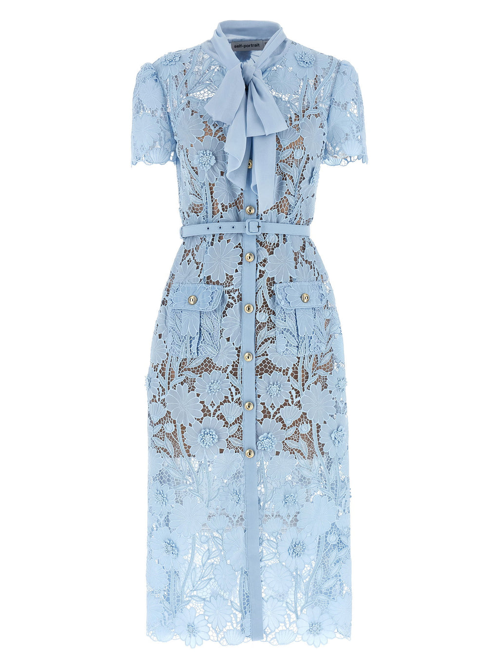 Self-Portrait Blue Lace Tie Neck Midi Dress