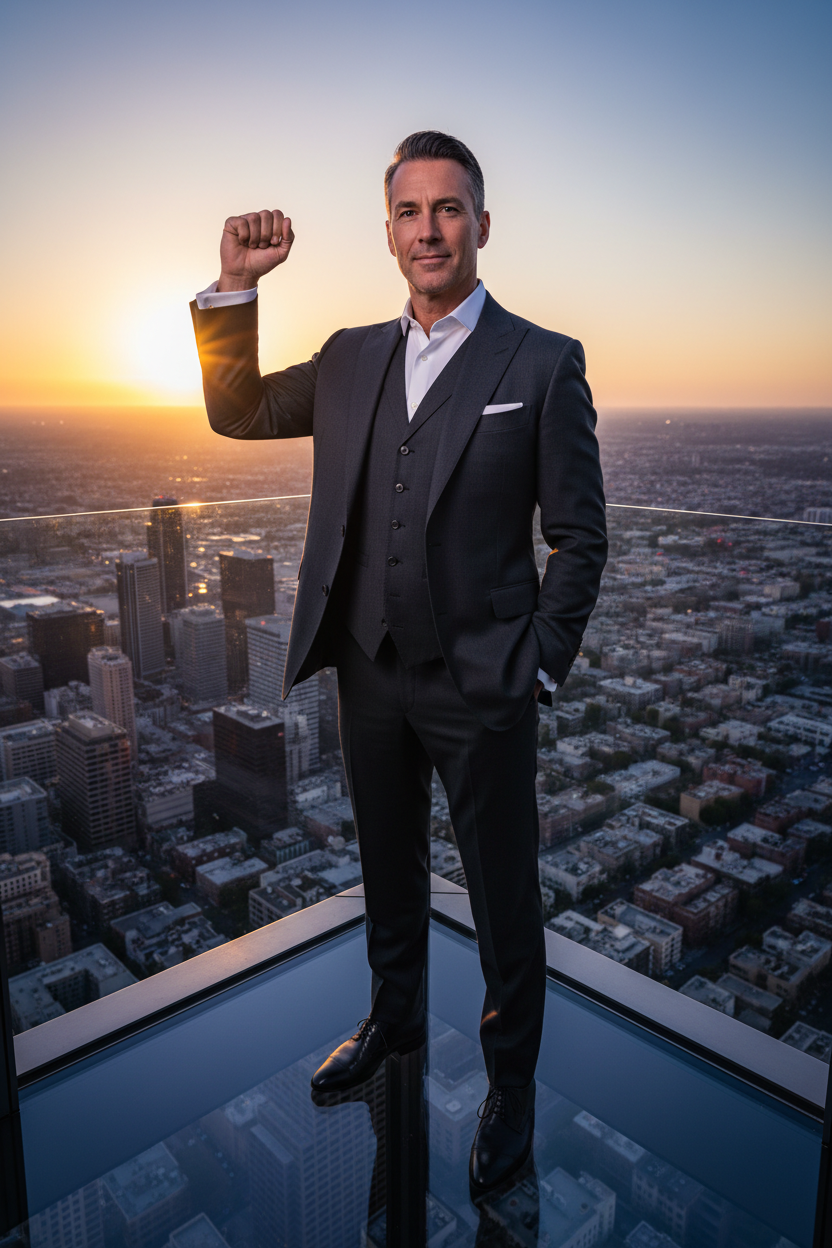 Man wearing Meteorite Dial Perpetual Calendar on LA skyscraper