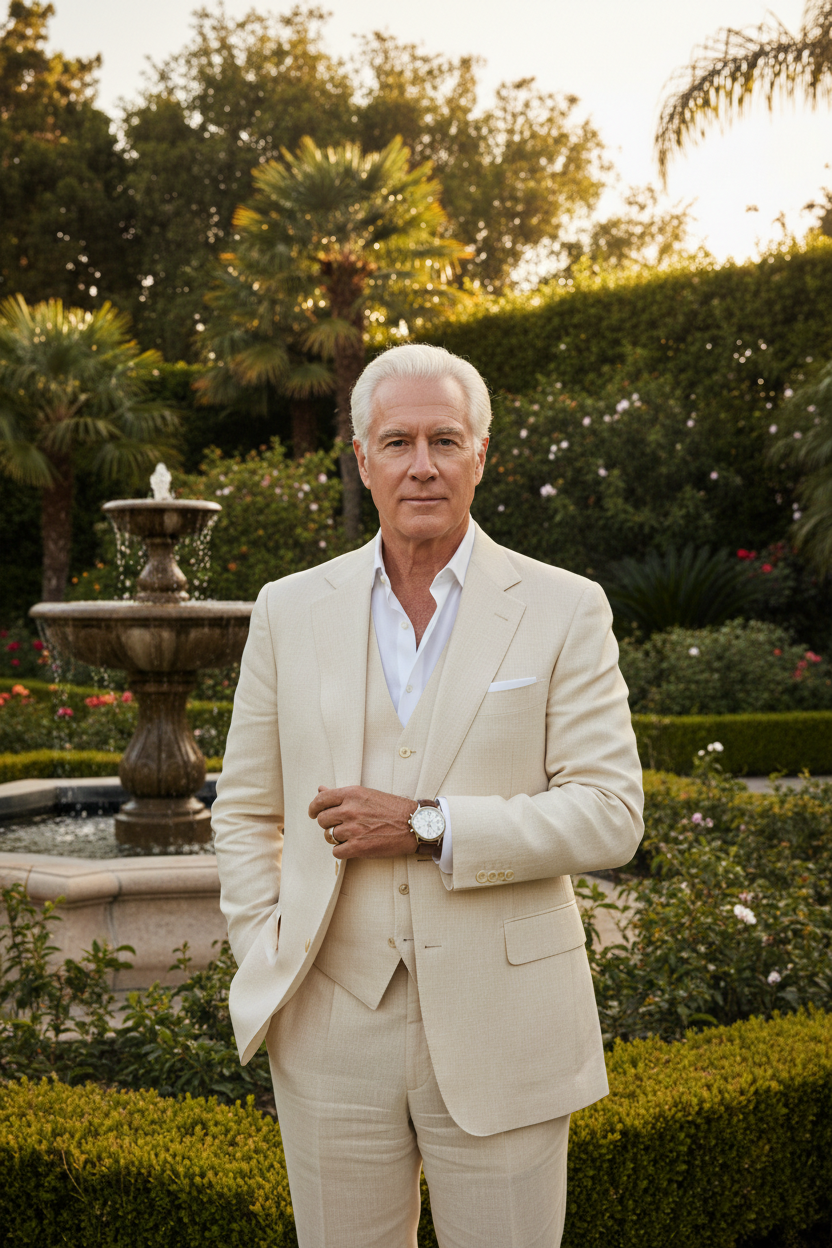 Man wearing White Gold Perpetual Equation in Bel Air garden