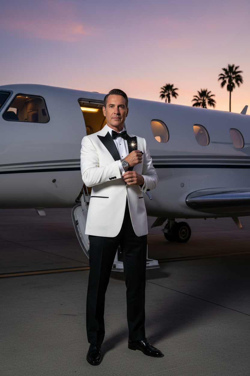 Man wearing Baguette Diamond Tourbillon at LA private jet