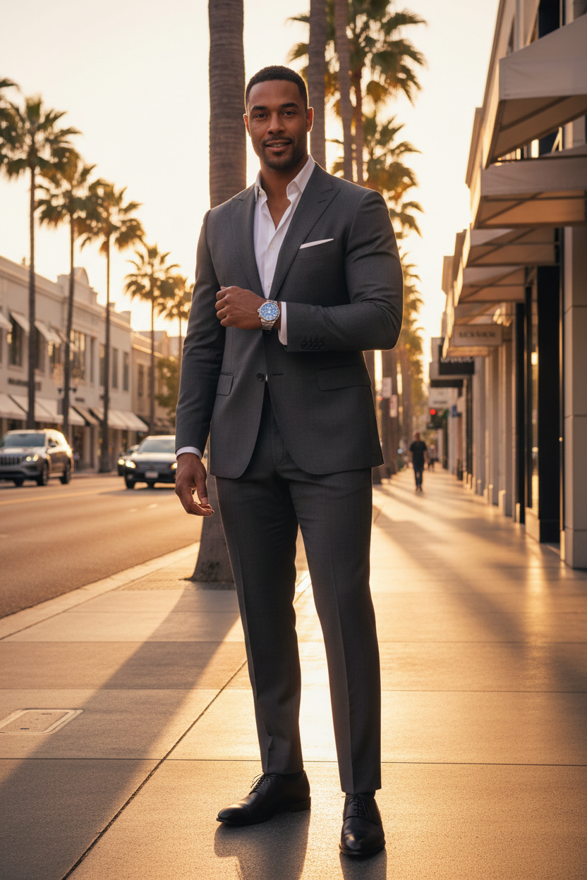 Male model wearing luxury watch on Rodeo Drive Beverly Hills