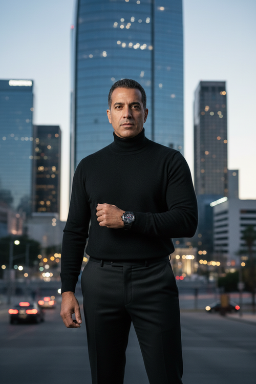 Man wearing Black Ceramic Tourbillon Flyback in downtown Los Angeles