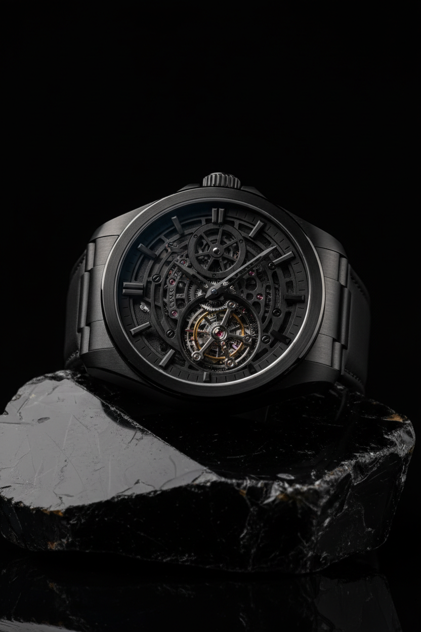 Obsidian Perpetual Tourbillon watch on obsidian stone